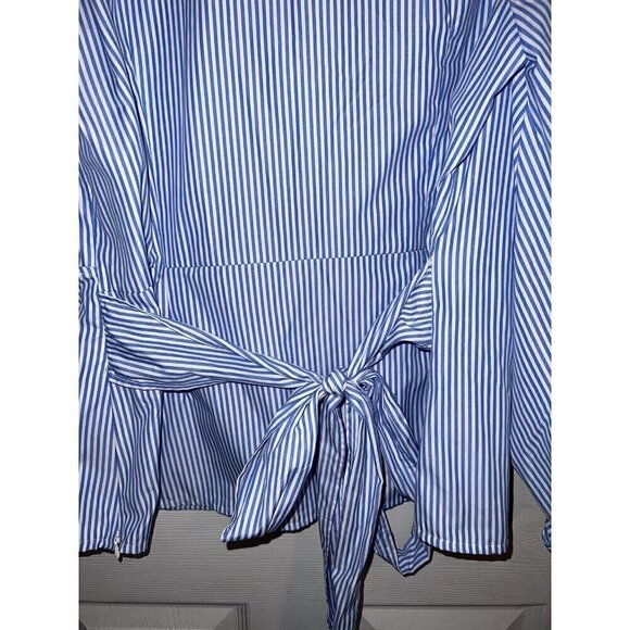 I.N.C. Blue Thin Stripes Embroidered Sleeves Belted Side Zipper Blouse Sz XL - Picture 12 of 14